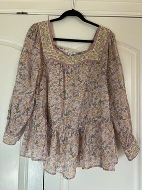 American Eagle Peasant Cottagecore Square Neck Floral Blouse Tunic Top Sz M Boho